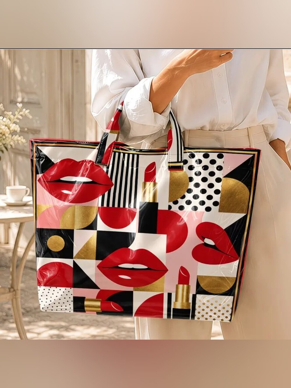 Women Retro Polka Dot Lipstick Print PVC Large Tote Bag
